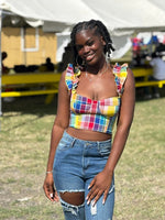 Local VI Madras Stretch Ruffle-Strap Bustier Top with Lattice Back