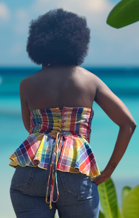 VI Local Madras Corset-Style Peplum Top with a Lattice Back