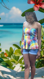 VI Local Madras Corset-Style Peplum Top with a Lattice Back